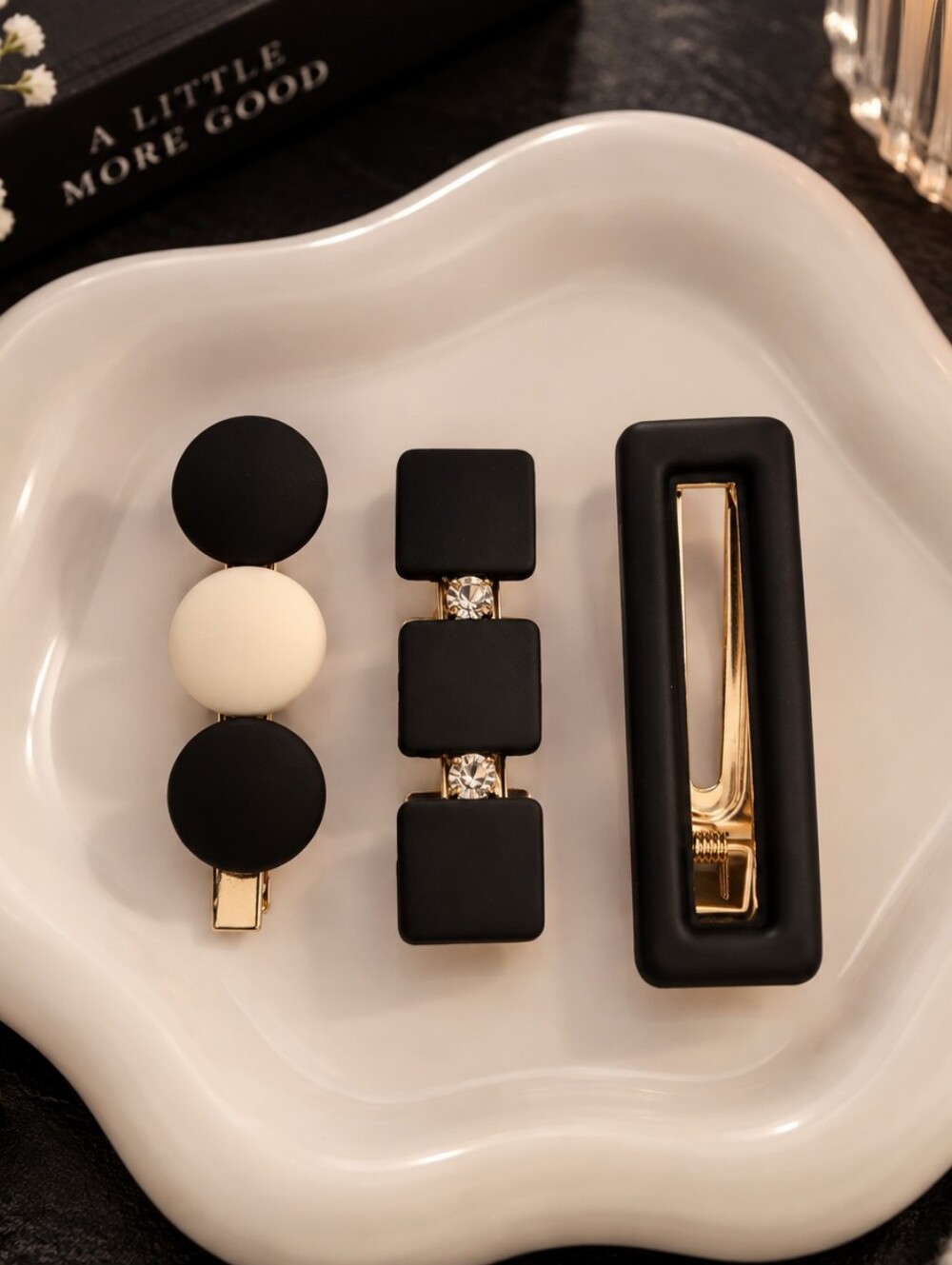 Modern Matte Black and White Hair Clip Trio New Gold Tone Metal